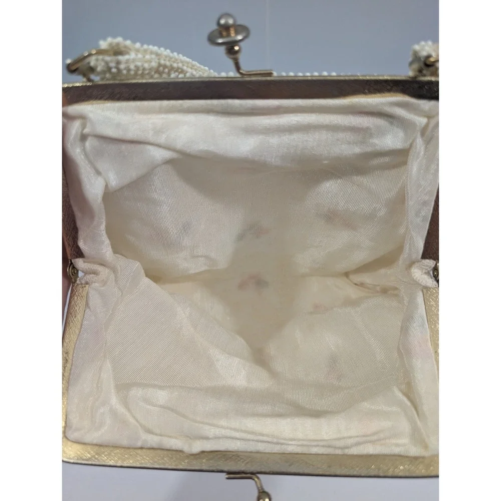 Vtg 1950s Lumured Corde Petite Bead Pink Rose Flower Purse Kiss Lock Mid Century